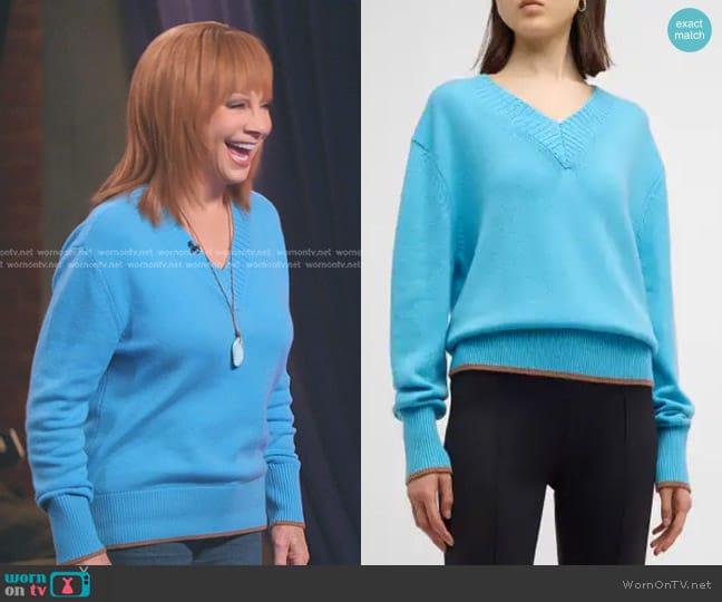 Rosetta Getty V-neck Wool Cashmere Sweater With Tipping in Blue worn by Reba McEntire on The Voice