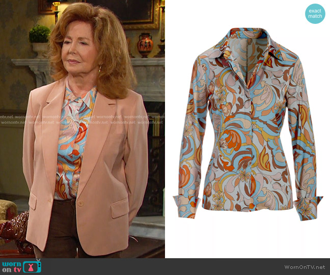 Boston Proper Folk Favorite Print Sophia Button Up Charmeuse Blouse worn by Maggie Horton (Suzanne Rogers) on Days of our Lives