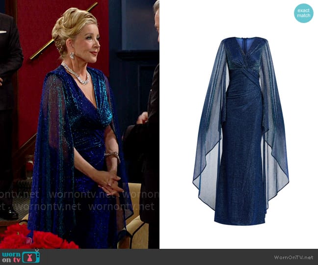 Talbot Runhof Matrix Metallic Cape Twisted Trumpet Gown worn by Nikki Reed Newman (Melody Thomas-Scott) on The Young and the Restless