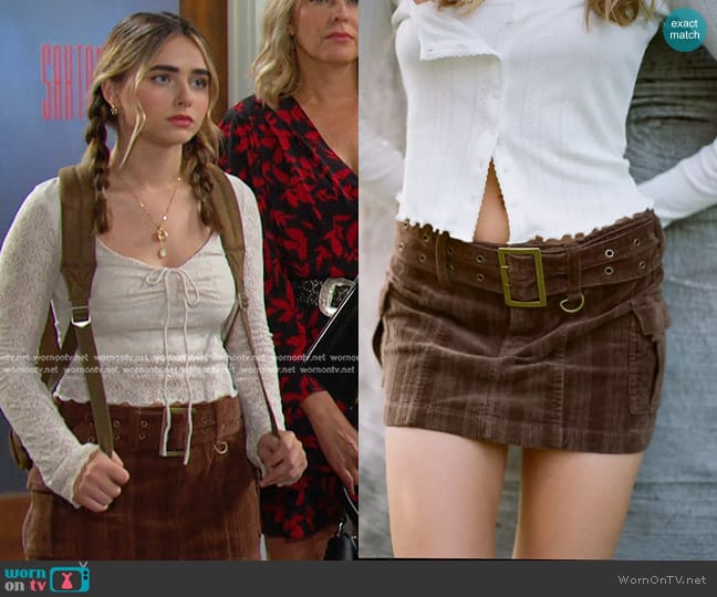 Urban Outfitters Joan Corduroy Belted Low-Rise Mini Skirt worn by Holly Jonas (Ashley Puzemis) on Days of our Lives