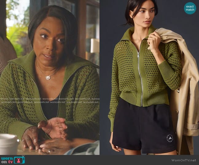 Varley Eloise Full Zip Knit in Fresh Fern worn by Athena Grant (Angela Bassett) on 9-1-1