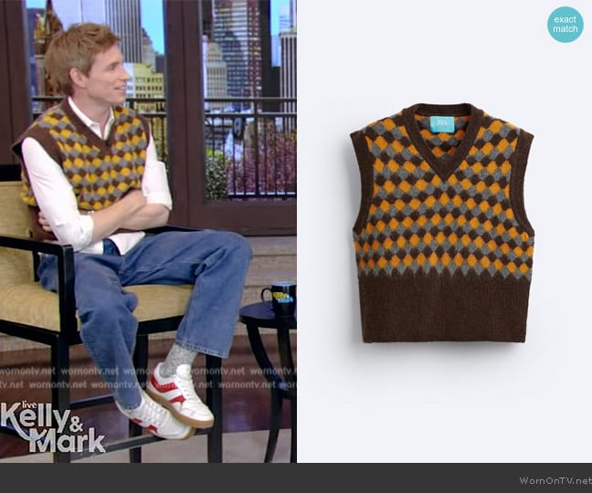 Zara x Harry Lambert Jacquard Knit Vest worn by Eddie Redmayne on Live with Kelly and Mark