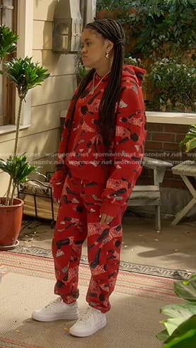 Aaliyah’s red printed hoodie and sweatpants on The Upshaws