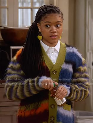 Aaliyah’s fuzzy striped cardigan on The Upshaws