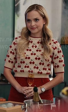 Ainsley’s cherry sweater and corduroy skirt on Loot
