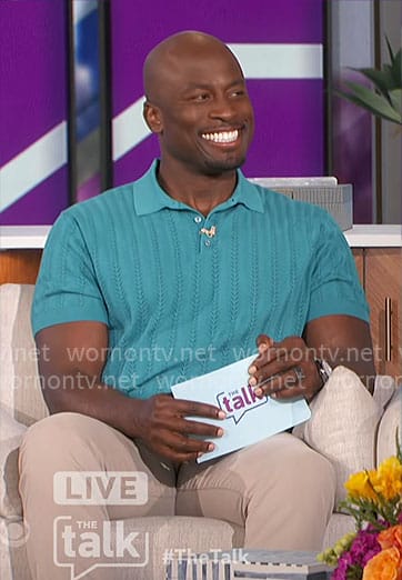 Akbar’s teal pointelle knit polo shirt on The Talk