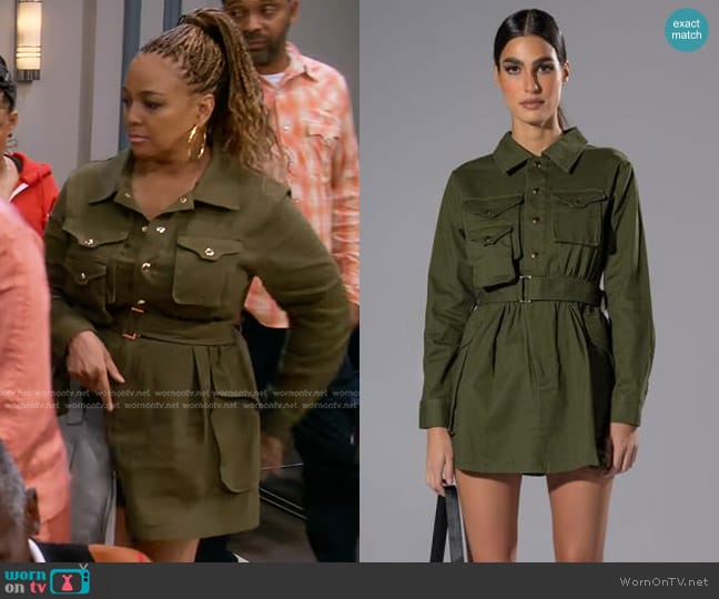 Akira Attention Cargo Long Sleeve Mini Dress worn by Regina Upshaw (Kim Fields) on The Upshaws