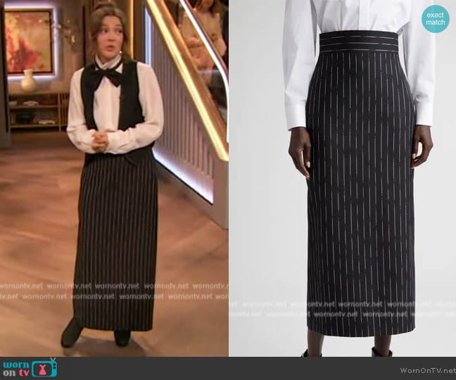 Alexander McQueen Chalk Stripe Wool Pencil Skirt worn by Drew Barrymore on The Drew Barrymore Show