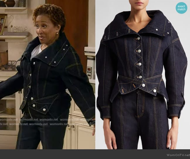 Alexander McQueen Peplum High-Neck Denim Jacket worn by Lucretia Turner (Wanda Sykes) on The Upshaws