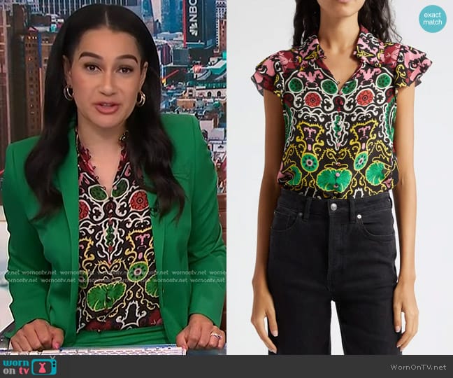 Alice + Olivia Martel Mixed Print Flutter Sleeve Silk Top worn by Morgan Radford on NBC News Daily