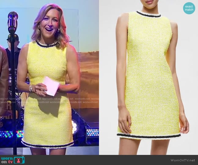 Alice + Olivia Coley Metallic Tweed Mini Dress in Happy Yellow worn by Lara Spencer on Good Morning America
