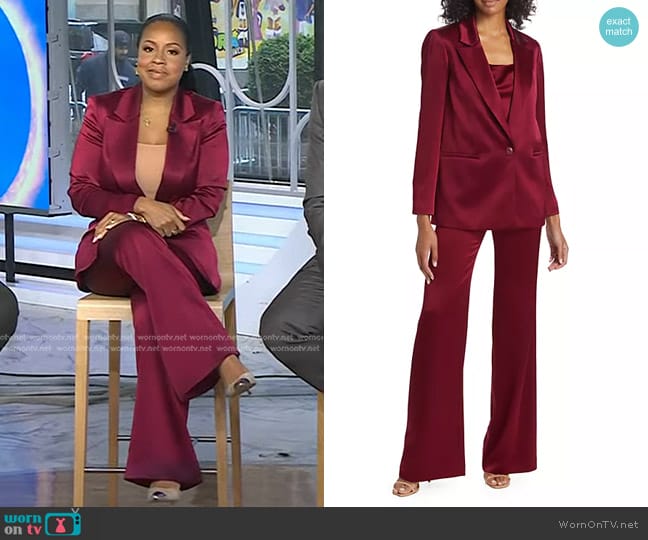 Alice + Olivia Denny Single-Breasted Satin Blazer in Bordeaux worn by Sheinelle Jones on Today