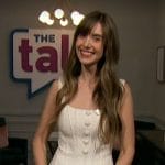 Alison Brie’s white tweed mini dress on The Talk