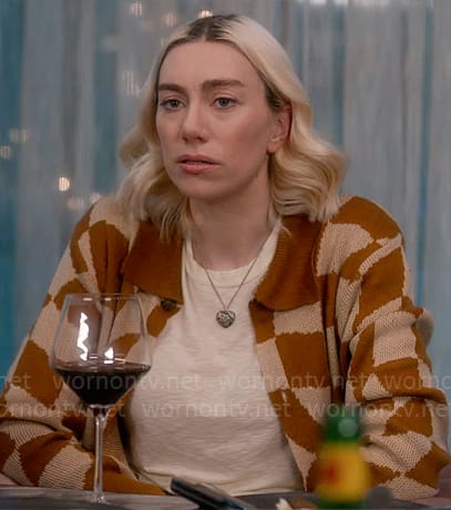 Allison’s checkerboard cardigan on So Help Me Todd