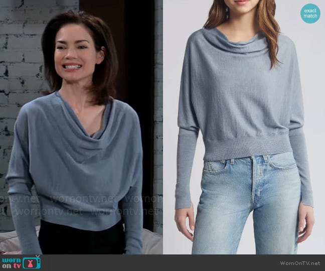 All Saints March Merino Wool Cowl Neck Sweater in Dusty Blue worn by Elizabeth Webber (Rebecca Herbst) on General Hospital