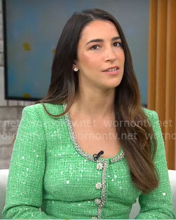Aly Raisman’s green sequin tweed dress on CBS Mornings