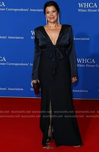 Ana’s navy satin tie front dress on The View
