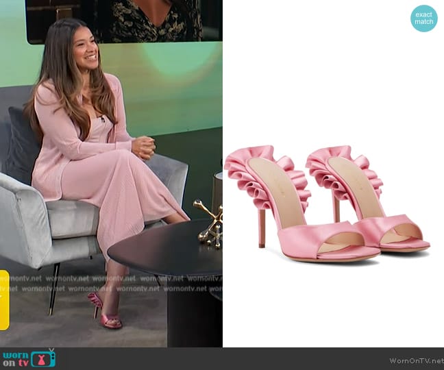 Andrea Wazen Rouches 105mm ruffled mules worn by Gina Rodriguez on Access Hollywood