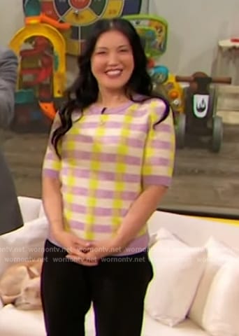 Anita Yokota’s plaid short sleeve sweater on The Drew Barrymore Show
