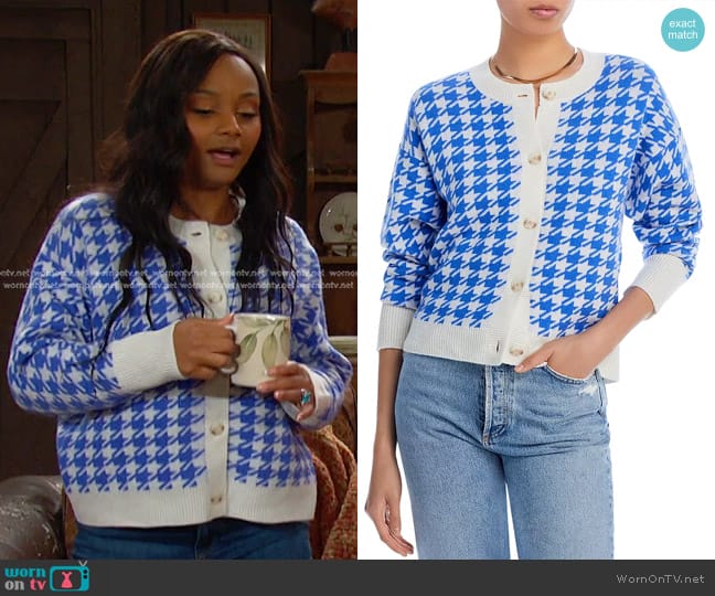 Aqua Cashmere Houndstooth Cashmere Cardigan worn by Chanel Dupree (Raven Bowens) on Days of our Lives