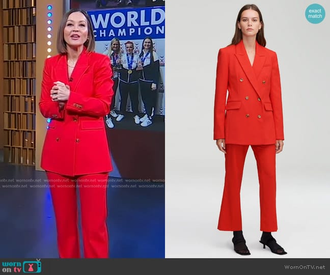 Argent Double-Breasted Blazer in Seasonless Wool Scarlet worn by Eva Pilgrim on Good Morning America