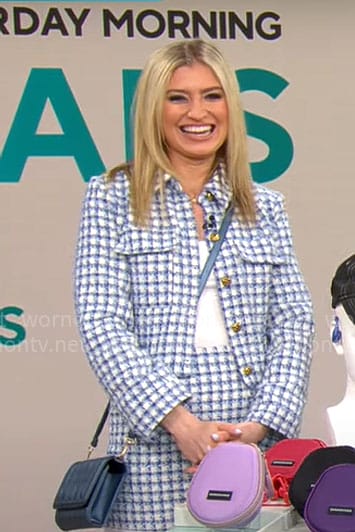 Ashley Bellman’s blue checked tweed jacket and skirt set on CBS Mornings