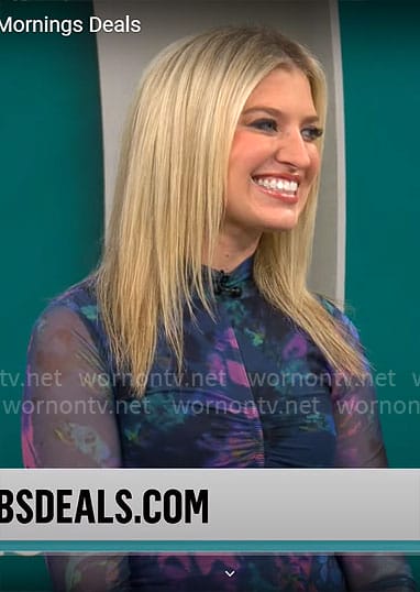 Ashley Bellman’s blue printed mesh dress on CBS Mornings