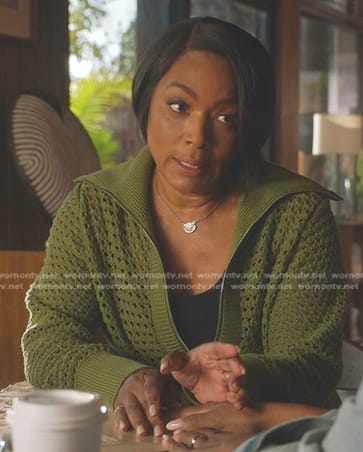 Athena’s green open knit zip jacket on 9-1-1