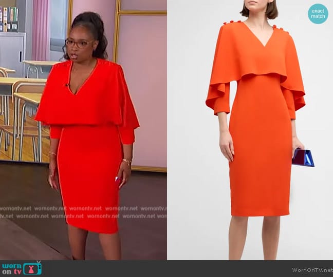 Badgley Mischka Draped Cape-Sleeve Bodycon Midi Dress worn by Jennifer Hudson on The Jennifer Hudson Show