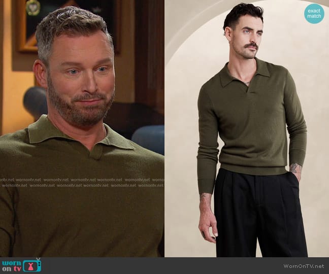 Banana Republic Stokke Cashmere-silk Sweater Polo in Spiced Olive Green worn by Brady Black (Eric Martsolf) on Days of our Lives