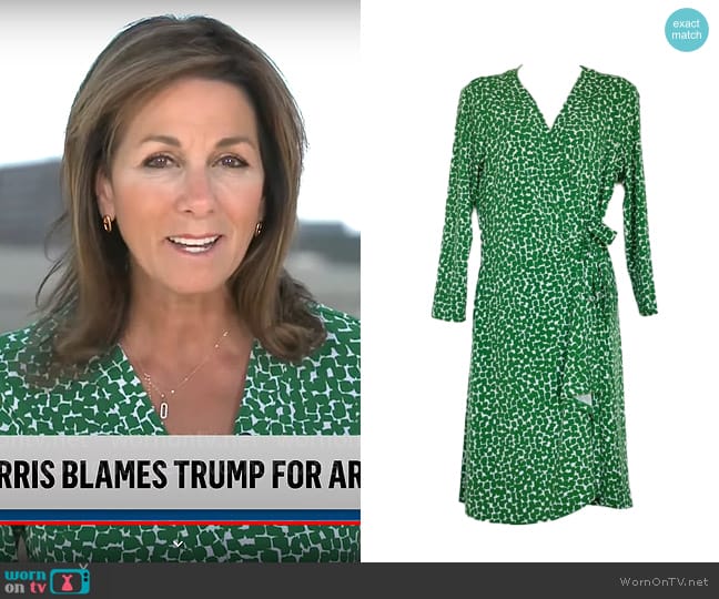 Bcbgmaxazria Green and White Wrap Dress worn by Janet Shamlian on CBS Mornings