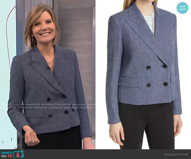 Boss Joia Check Double Breasted Linen Blazer in Midnight Fantasy worn by Kate Snow on NBC News Daily