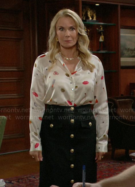 Brooke’s novelty print blouse and leather skirt with buttons on The Bold and the Beautiful