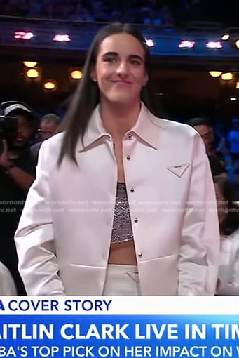 Caitlin Clark’s white satin shirt jacket and skirt on Good Morning America