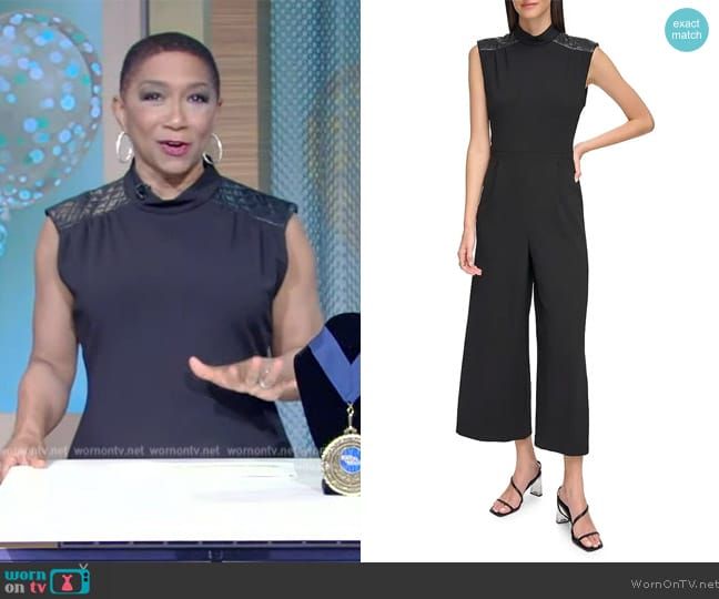 Calvin Klein Quilted Faux Leather and Scuba Crepe Cropped Jumpsuit worn by Deja Vu on Live with Kelly and Mark