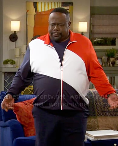 Calvin’s red, white, and navy colorblock jacket on The Neighborhood