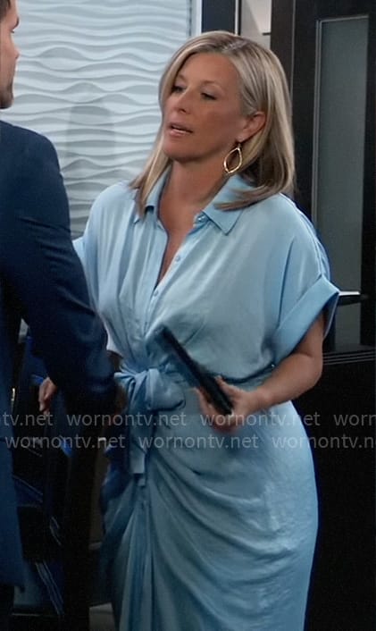 Carly’s blue tie-waist shirtdress on General Hospital