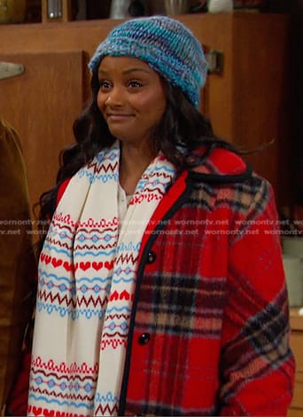 Chanel’s red plaid coat and wool scarf on Days of our Lives