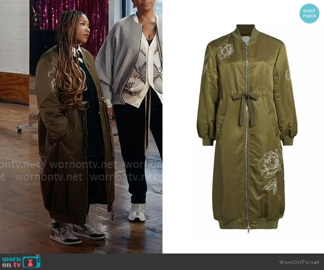 Cinq a Sept Pauline Long Embroidered Bomber Jacket worn by Delilah (Laya DeLeon Hayes) on The Equalizer