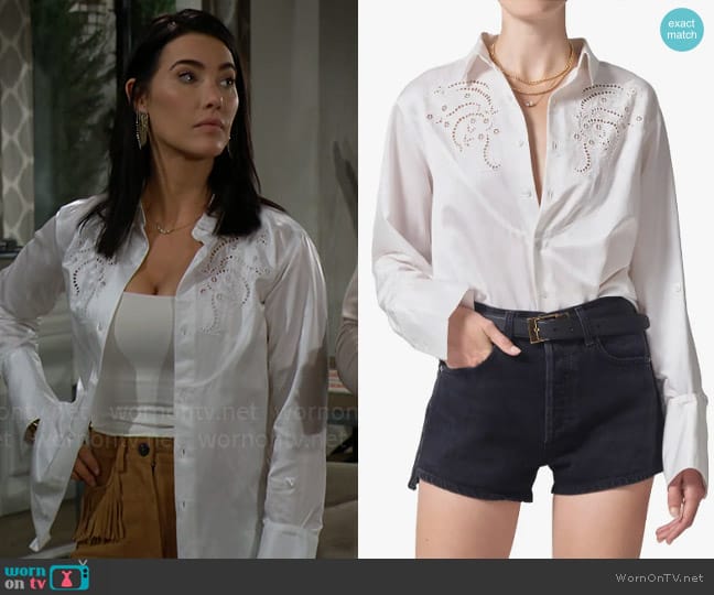 Citizens of Humanity Dree Embroidered Silk Blend Button-Up Shirt worn by Steffy Forrester (Jacqueline MacInnes Wood) on The Bold and the Beautiful
