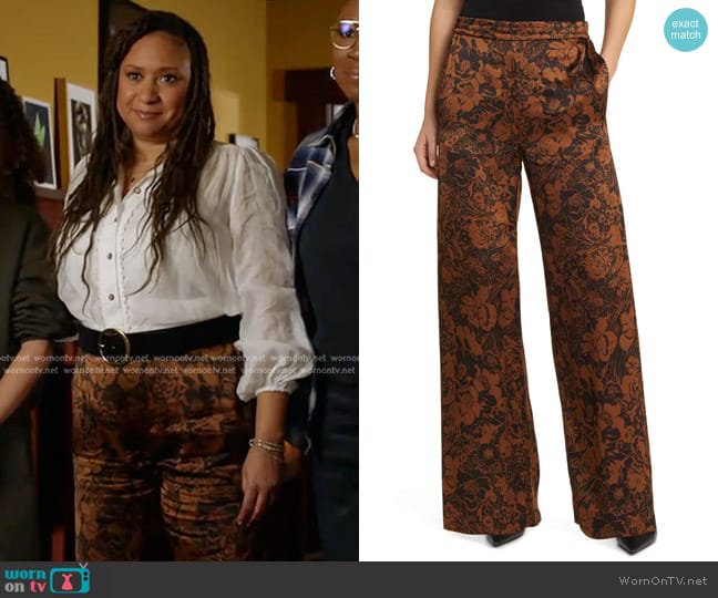 Cos Floral Satin Wide Leg Pants in Brown Dark worn by Karen Wilson (Tracie Thoms) on 9-1-1