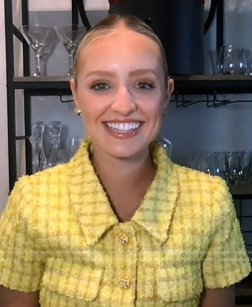 Daisy Kent’s yellow tweed short sleeve jacket on The Kelly Clarkson Show