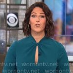 Dana Jacobson’s teal blue twisted keyhole dress on CBS Mornings