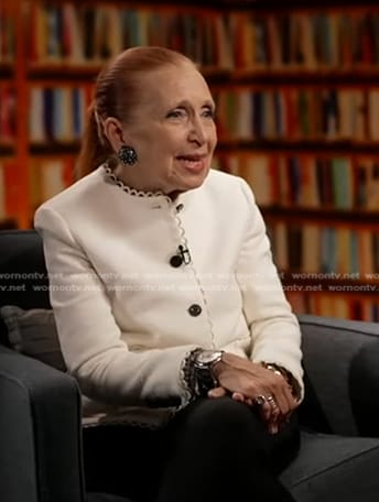 Danielle Steel’s white scalloped trim jacket on Good Morning America