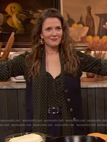 Drew’s printed tie neck blouse on The Drew Barrymore Show