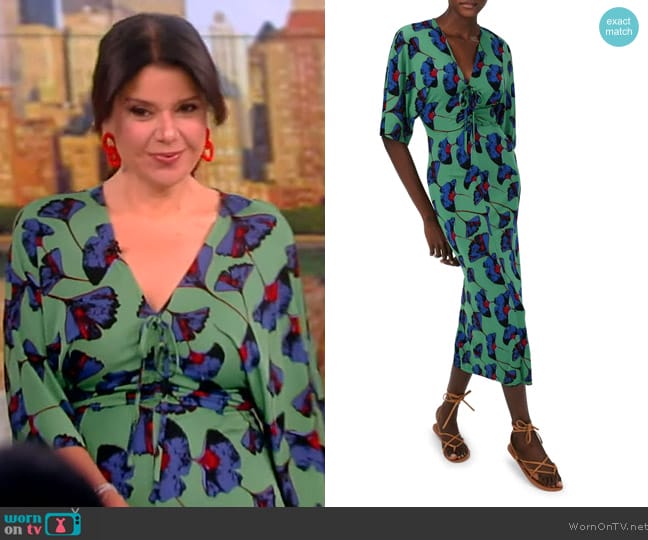DVF Valerie Floral Ruched Tie Front Midi Dress worn by Ana Navarro on The View