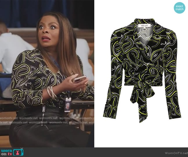 DVF Diane von Furstenberg geometric cropped wrap top worn by Ava Coleman (Janelle James) on Abbott Elementary