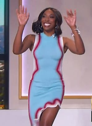 Ego Nwodim’s blue scalloped hem dress on The Jennifer Hudson Show