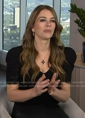 Elizabeth Hurley’s black lace trim top on Access Hollywood