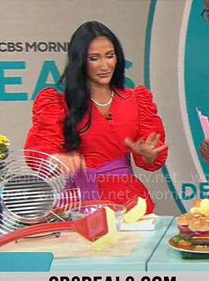 Elizabeth Werner’s red wrap dress on CBS Mornings